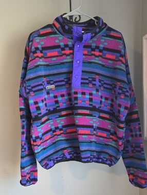 Vintage 90s Men's Columbia Purple Teal Geometric Snap Fleece Pullover Size Large